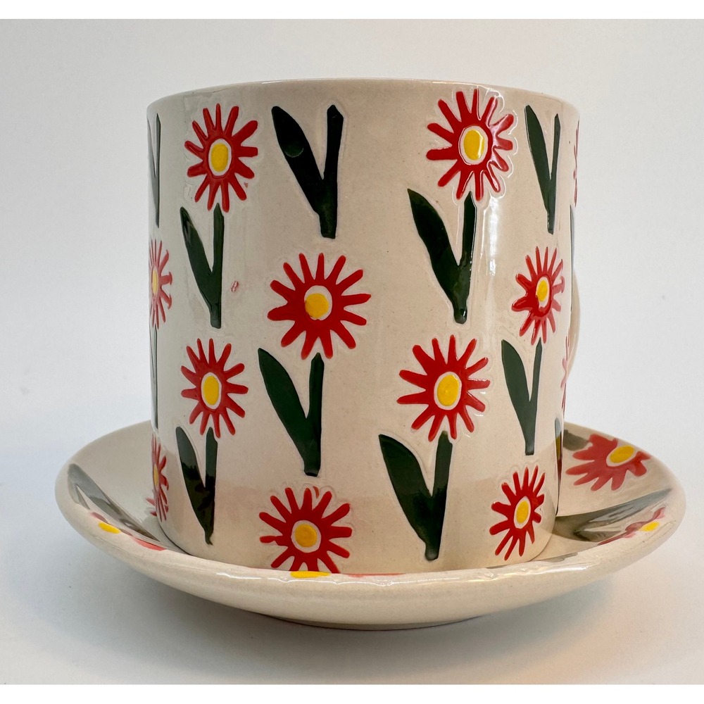 Hazel Mazel Red Daisy Stoneware Mug and Saucer Set Wax Relief Floral HM0172A NWT - Picture 6 of 13